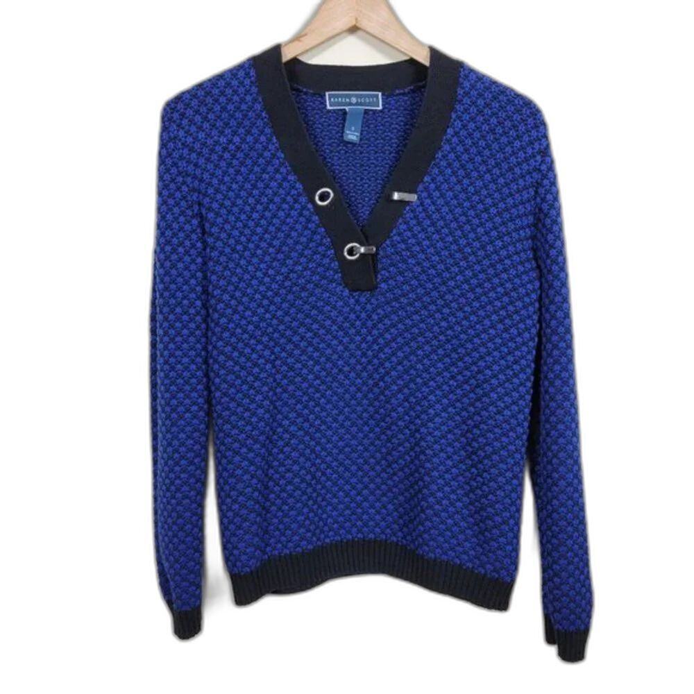 Karen Scott Sweater Women Size S Royal Blue Black Cotton Long Sleeve V Neck